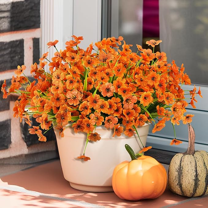 Artificial Fake Plants Flowers for Outdoor Outside Fall Decoration,12 Bundles Faux Silk Orange Daisy in Planter UV Resistant Look Real for Home Front Door Porch Patio Garden Balcony Autumn Decor