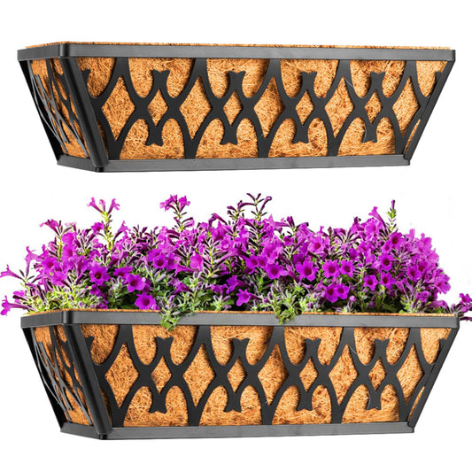 Karlliu 2 Pack 16 Inch Window Boxes Planters Railing Planter Box with Coco Liners Deck Railing Planter Boxes Balcony Hanging Flower Box for Outdoor Plants Garden Decor
