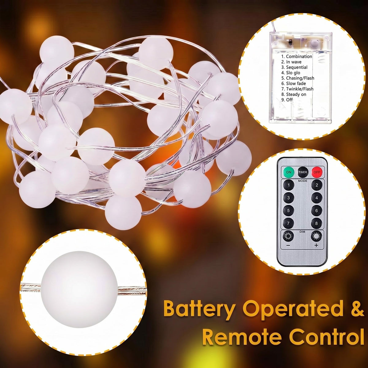 Hiboom 1 Pack Globe Ball String Lights, 10 Ft 30 LEDs 8 Lighting Modes