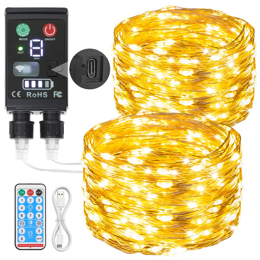 Lakumu 2-in-1 Rechargeable Fairy Lights, 66FT 200 LED Warm White String Lights with Remote & Timer, Waterproof Battery Operated Twinkle Lights for Indoor Outdoor Bedroom Camping Christmas Decorations