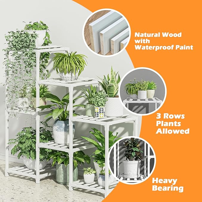 Bamworld Indoor Plant Stand Outdoor White Shelf Bamboo Plant Table for Multiple Plants 3 Tiers 7 Pots Ladder Holder Pot Window Garden Balcony Living Room