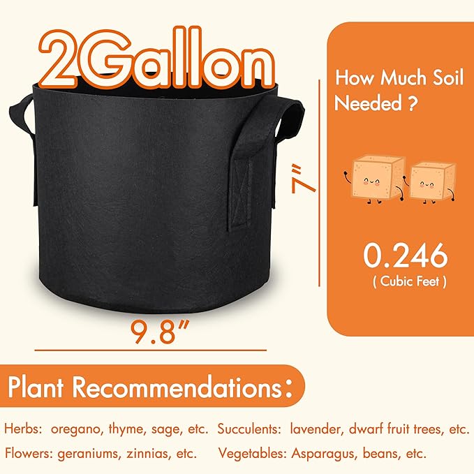 Gardzen 6-Pack 2 Gallon Grow Bags, Aeration Fabric Pots with Handles, Heavy Duty Cloth Pots for Plants