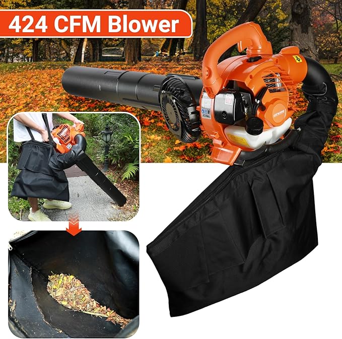 Leaf Blower & Leaf Vacuum Cordless,2 Stroke 424 CFM Handheld Leaf Blower,26CC Gas Powered Leaf Blower Dual-Purpose (Blowing and Suction) Cleaner with Collection Bag for Cleaning Leaf Snow