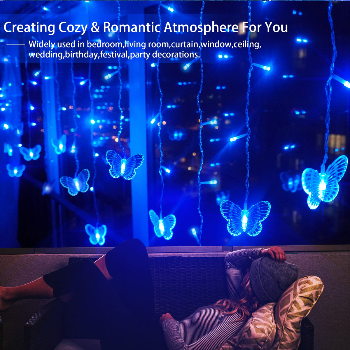 Blue Butterfly Curtain Fairy Lights USB Plug in,120 LED 8 Modes 20FT Firefly Twinkle Icicle String Lights with Remote Timer Waterproof for Bedroom Christmas Wedding Party Dorm Decor