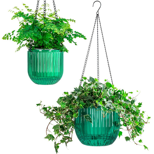 Melphoe 2 Pack Self Watering Hanging Planters Indoor Flower Pots, 5.3/8.3 Inch Outdoor Hanging Basket, Plant Hanger with 3Hooks Drainage Holes for Garden Home (Emerald)