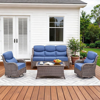 Luxury High Back Patio Furniture Set with 6-Inch Thick Cushions, 4-Pieces Outdoor Furniture with Swivel Chairs, Wicker Conversation Set for Porch, Balcony, Deck and Yard, Brown/Blue