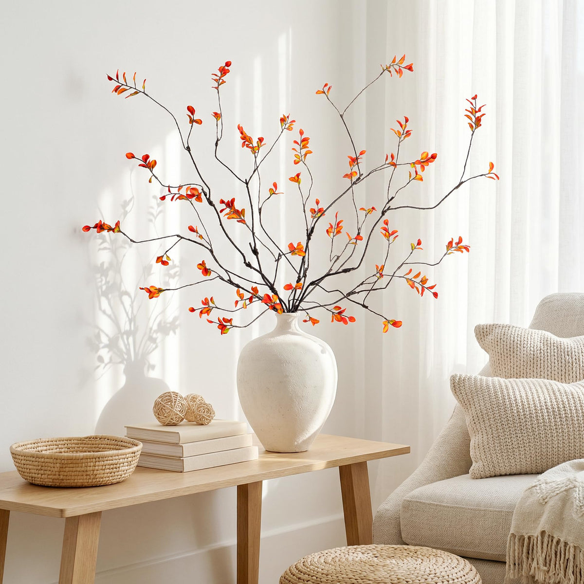 Ttranewsoo 4 Pcs Tall Fall Branches for Floor Vase, 47.2 Inch Artificial Ficus Branches, Faux Eucalyptus Stems and Fall Greenery Stems for Autumn Home Decor, Orange, Vase Not Included