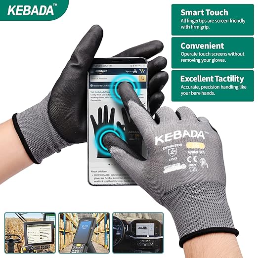 Kebada W1 Work Gloves for Men and Women, Touchscreen PU Coated Gloves with Grip, 50 Pairs Bulk Pack, Ideal for Warehouse Package Handling, Construction, Gardening, Gray X-Small