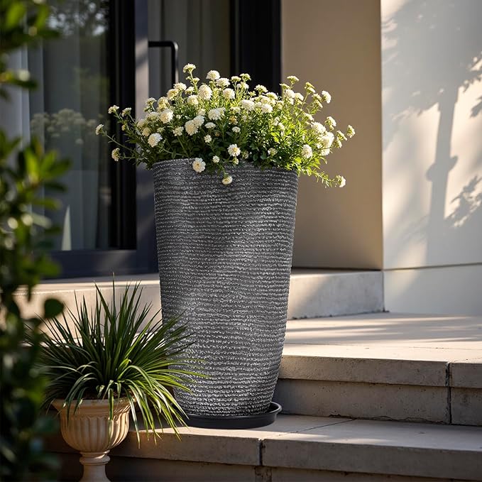 QCQHDU Large Tall Dark Gray Planters Set of 2-9 Gallon 12" Round Outdoor Planters for Front Door & Patio, Faux Stone Indoor Plant Pots with Tray, Porch Decor Plant Containers