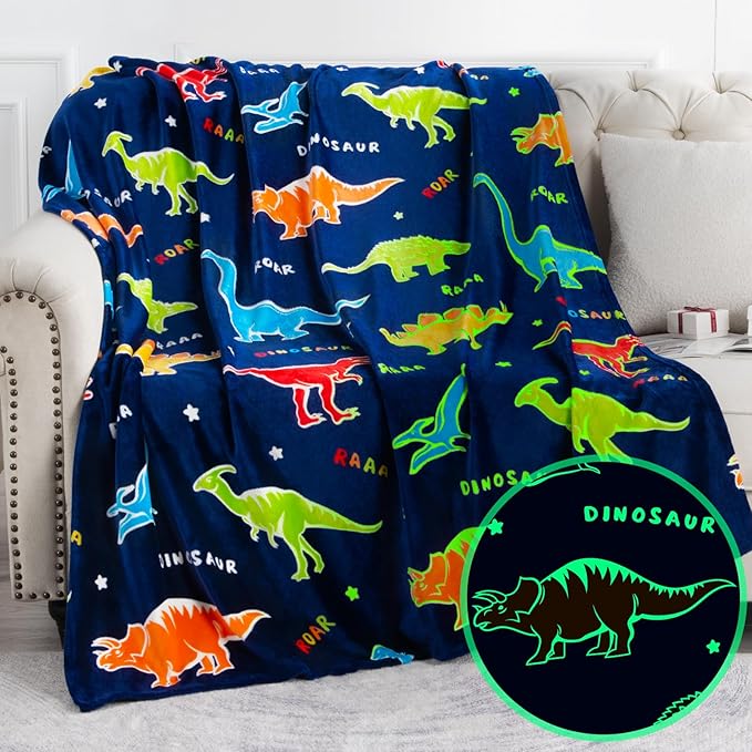 Dinosaur Toys Gifts for Boys Girls - Glow in The Dark Dino Blanket Best Christmas Birthday Valentines Easter Decor Presents for Kids Adults Women Mom Dad Child Teen Son Nephew Soft Plush Throw 60"x80"