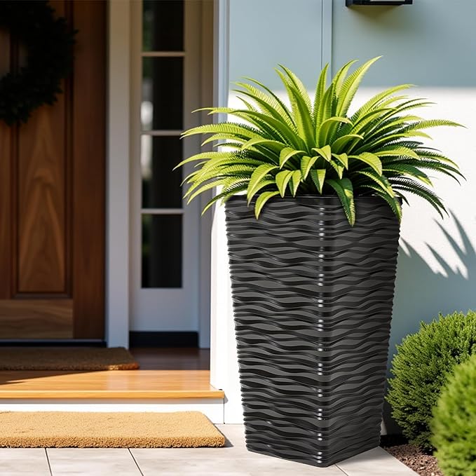 Worth Garden 2-Pack 22" H. Black Square Tapered Planter with Inside Pots - Plastic Plant Pots for Indoor Outdoor - Modern Wavy Finish Decorative Flower Pots for Front Porch Containers Patio Deck