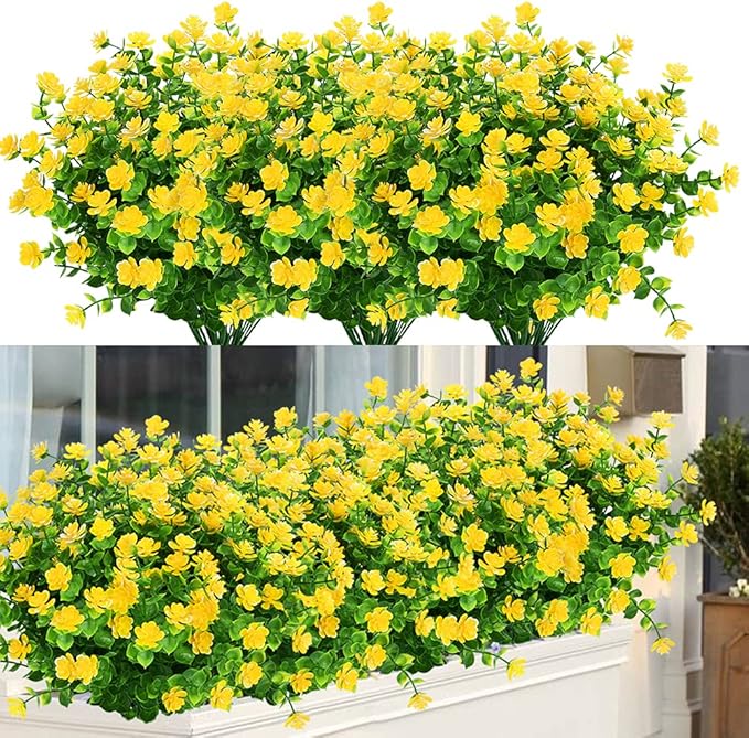 ArtBloom 6 Bundles Outdoor Artificial Flowers UV Resistant Fake Boxwood Plants, Faux Plastic Greenery for Indoor Outside Hanging Plants Garden Porch Window Box Home Wedding Farmhouse Decor (Yellow)