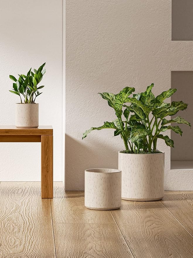 LE TAUCI Ceramic Plant Pots Indoor, 10+8+6 Inch Planters for Indoor Plants, Mid-Century Modern Flower Pots with Drainage Hole and Plug, Cylinder Round Planters, Set of 3, Reactive Glaze Beige