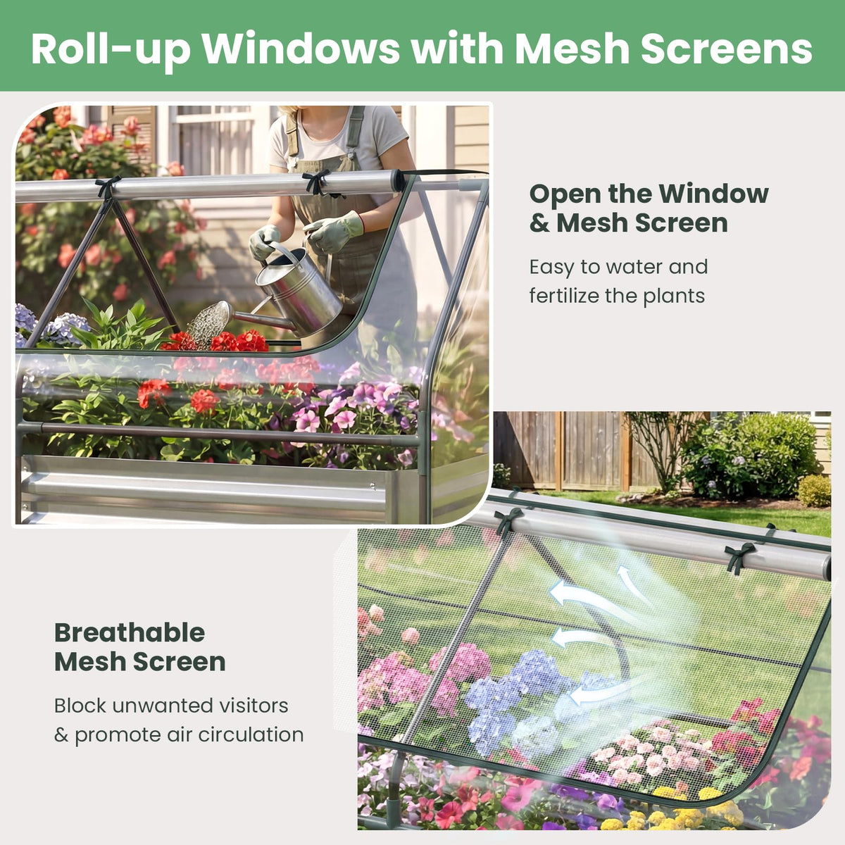 Happygrill Galvanized Raised Garden Bed with Cover & 2 Roll-up Windows
