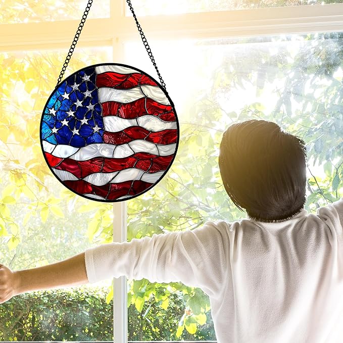 Stained Glass Window Hanging, Blue, White Red National Flag Pattern Sun Catchers Diamond Glass Panel Window Hangings Decor for Birthday Gifts for Women, Men, and Mom 9.8x9.8 in