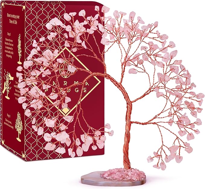 Rose Quartz Healing Crystal Tree of Life for Home and Office Decor, Positive Energy, Wealth, Good Luck, Reiki Healing Crystals and Stones, Handmade Feng Shui Decoration, Birthday Gifts for Women