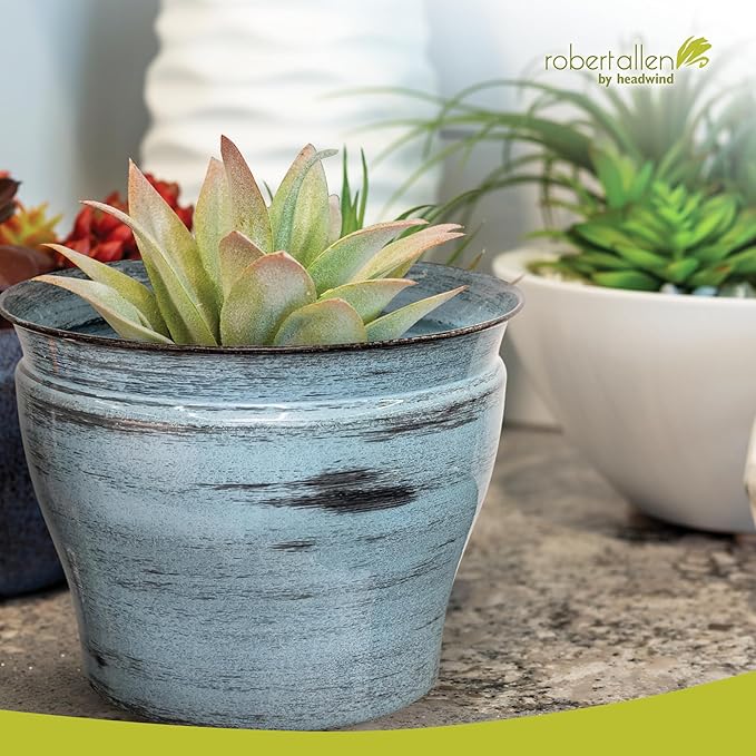 Headwind Glazed Ironstone Vanhorne Collection – 12" Azure Blue Decorative Plant Pot – Lightweight & Triple Coated w/Drainage Flower Pots for Indoor Plants & Outdoor Planter Use by Robert Allen