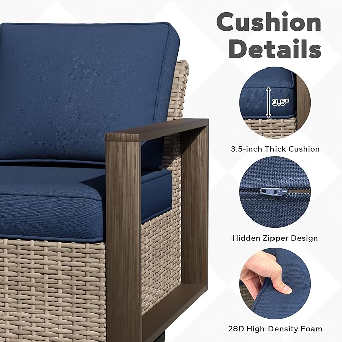 Joyside Outdoor Patio Chairs, 8 Pieces Wicker Rattan Furniture Set, 4 Patio Chairs, 1 Sofa, 2 Ottoman and 1 Table, Metal Wide Armrest, Thick Cushions and Deep Seating for Garden, Backyard, Porch