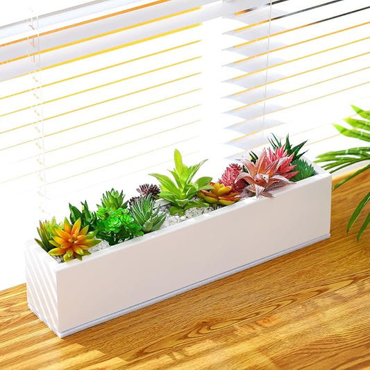16.1 x 3.2 x 3.5 Inch Long Rectangular Planter Box Window Sill Plant Box Metal Water Trough Indoor Large Modern Steel with Drainage Holes Herb Garden Home(White)