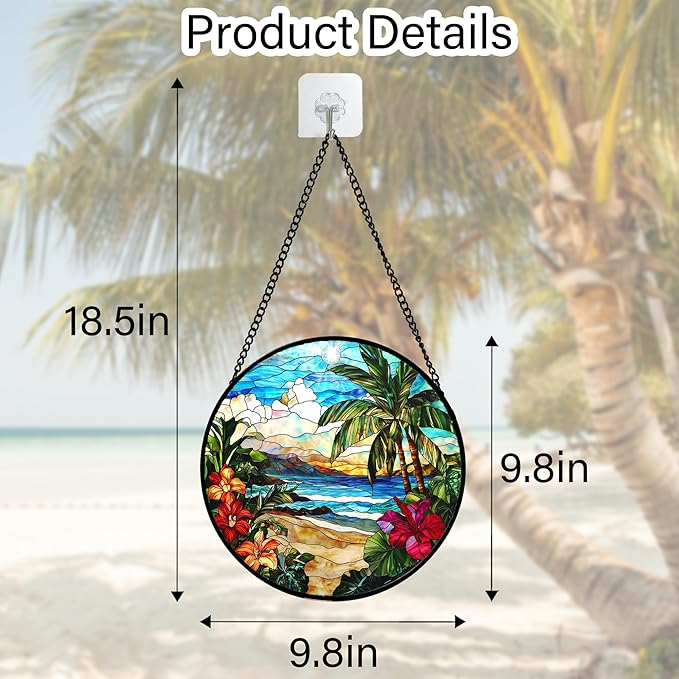 Stained Glass Window Hanging, Blue Beach Scenery Suncatcher Diamond Glass Panel Hangings Sun Catchers Decor for Birthday for Women, Men, Wife, Aunt, and Mom 9.8 in