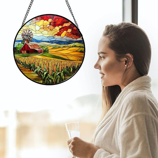 HWRHTR Stained Glass Window Hanging Autumn Farm Corn Harvest Landscape 9.8" - Suncatcher Garden Door Sun Catcher Home Decor Birthday Christmas for Woman Mom Friend Men Nana