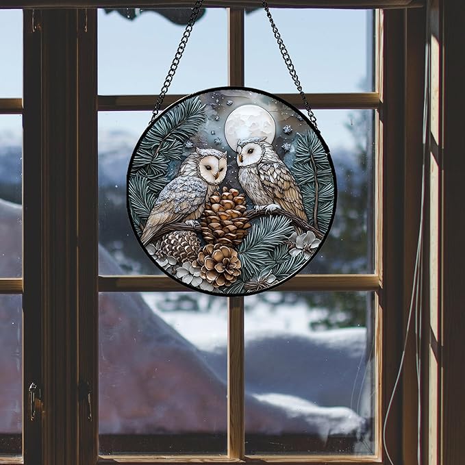 Stained Glass Window Hanging - Owl On A Tree Suncatcher for Doors Garden Patio Winter Scene Sun Catchers Decor Christmas Mother's Day Birthday Gifts for Women Men Mom Nana Friend 6.3 in