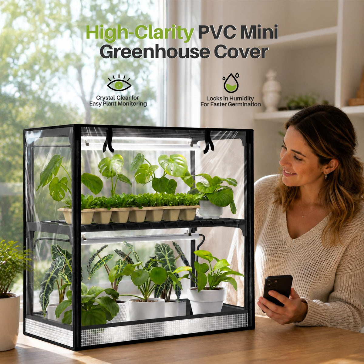 Inzlume 2-Tier Desktop Indoor Greenhouse with Grow Light, 11.8x23.6x23.6