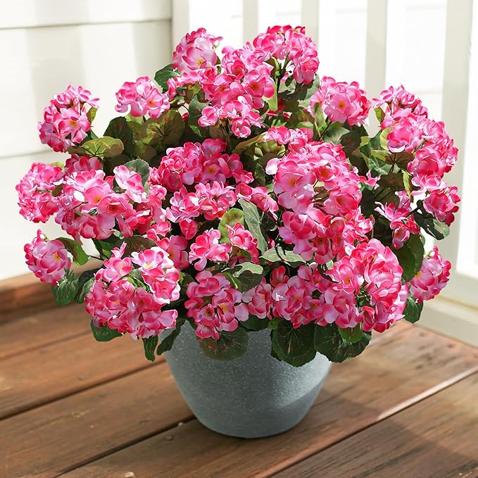 Artificial Geranium Fake Flowers for Outdoors Decoration, 6 Bundles Silk Geraniums Pink Flower UV Resistant Look Real Faux Plants for Front Door Garden Porch Planter Patio Balcony Yard Indoor Home