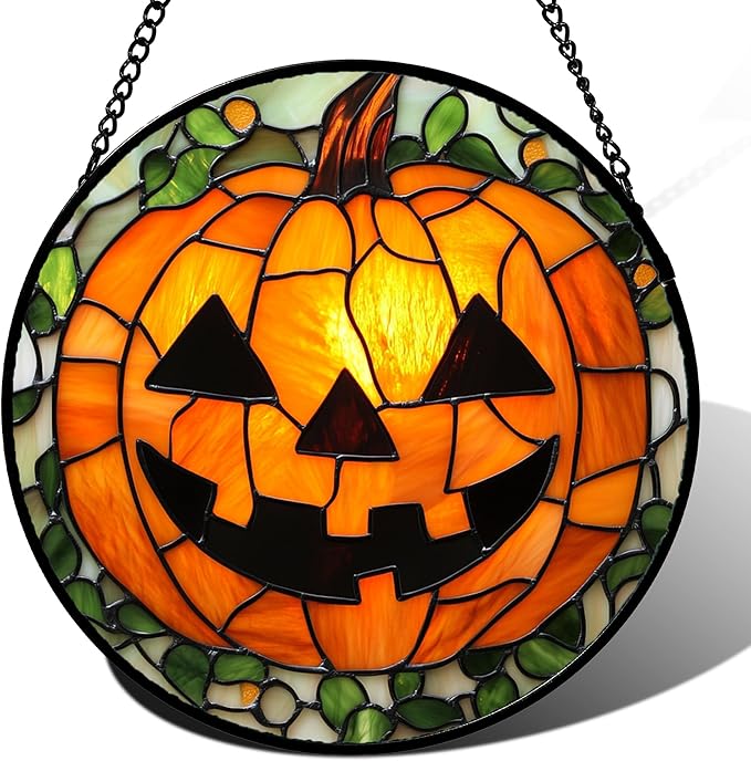 Stained Glass Window Hanging, Halloween Decorations Evil Pumpkin Suncatcher for Doors Garden Indoor Spooky Funny Orange Sun Catchers Gothic Decor Horror Gifts for Women Men Friend 6.3 in