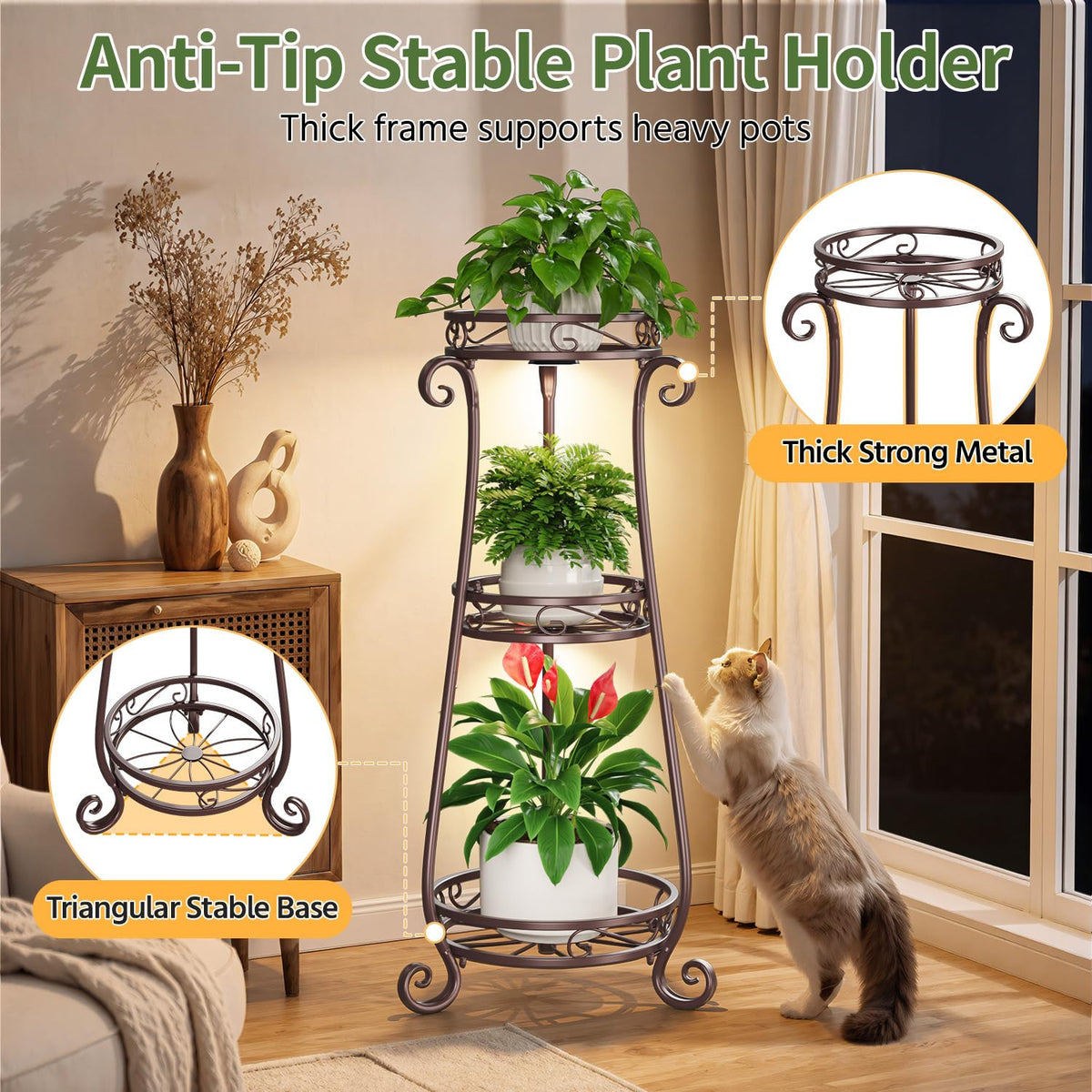 LASZOLA 3 Tiers Metal Corner Plant Stand Tall with Light for Indoor Outdoor