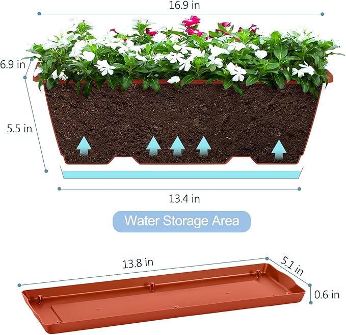 smusei Window Boxes Planters 17’’ Railing Planter Box with Adjustable Brackets, 4 Pack Hanging Deck Railing Planters Rectangular Flower Pots for Outdoor Patio Balcony Fence