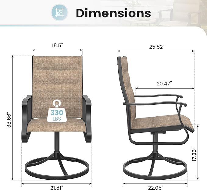 Patio Swivel Chairs Set of 2, Outdoor Dining Chairs with High Back, 360° Swivel Rocker Chair in All-Weather Padded Textilene & Metal Frame for Garden, Porch, Backyard, Balcony(Padded Brown)