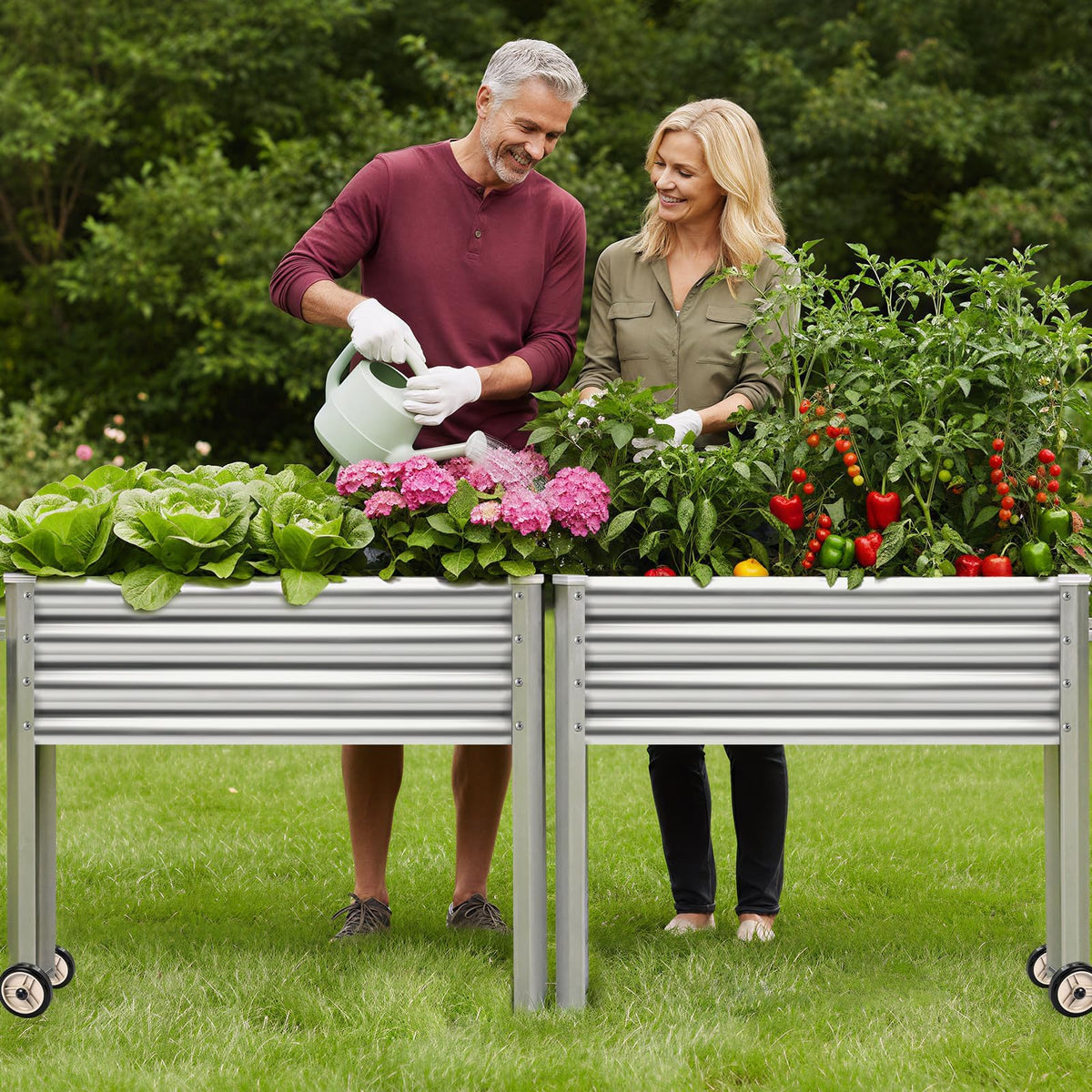 Land Guard 2 Pack Galvanized Raised Garden Bed with Legs & Wheels, 48×18×32in Metal Elevated Raised Planter Box for Backyard, Patio, Balcony, 500lb Capacity, Silver