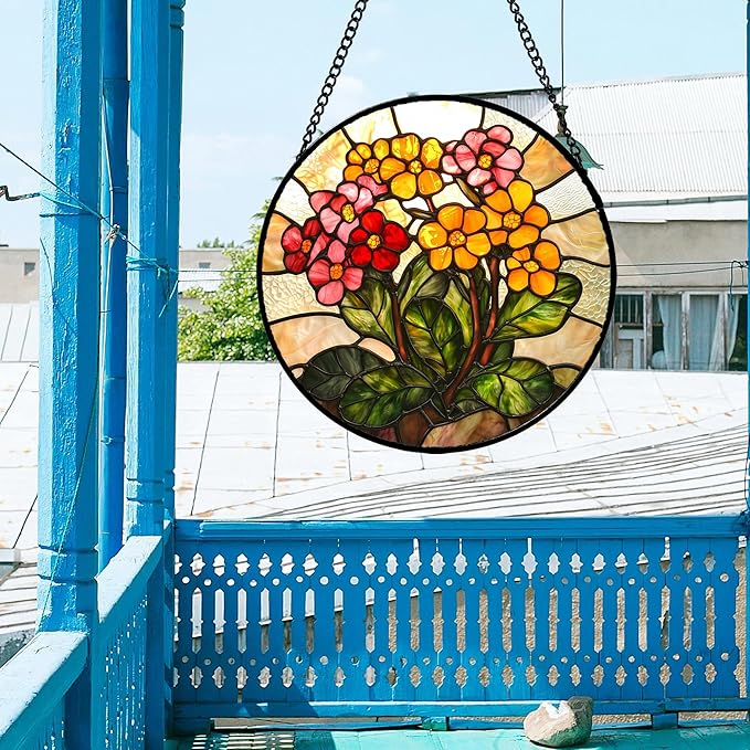 AMDERVEN Stained Glass Window Hanging, Yellow Red Flowers Sun Catcher for Window Door Home Decor Green Plant Suncatcher Christmas Mother's Day Birthday Gifts for Women Men Mom and Nana 15 in