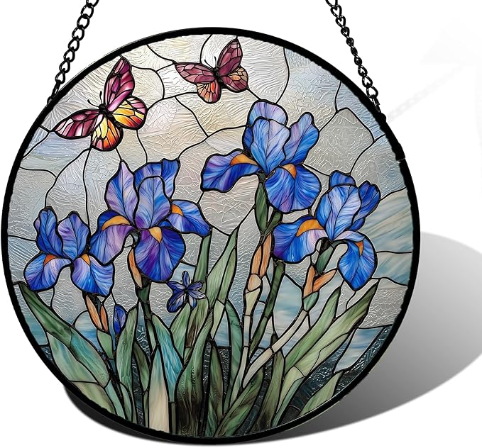 Stained Glass Window Hanging, Blue Iris Flowers Butterfly Suncatcher Diamond Colorful Glass Panel Sun Catchers Decor for Birthday for Women, Men, Wife, Aunt, and Mom 7.8 in