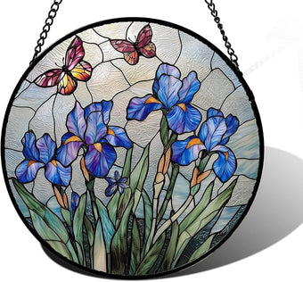 Stained Glass Window Hanging, Blue Iris Flowers Butterfly Suncatcher Diamond Colorful Glass Panel Sun Catchers Decor for Birthday for Women, Men, Wife, Aunt, and Mom 7.8 in