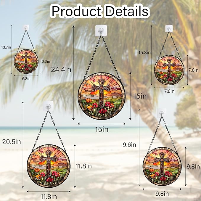 JOSUMALY Christian Gifts for Women - Cross Stained Glass Window Hanging Jesus Easter Poppy Sunset Landscape Sun Catcher Garden Religion Decor Mother's Day Catholic Gift for Men Grandma Mom Her 6.3"