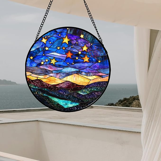 Stained Glass Window Hanging, Blue Sky Gold Stars Abstract Landscape Suncatcher for Doors Window Home Sun Catchers Decor Mother's Day Birthday Gifts for Women, Men Mom 7.8 in