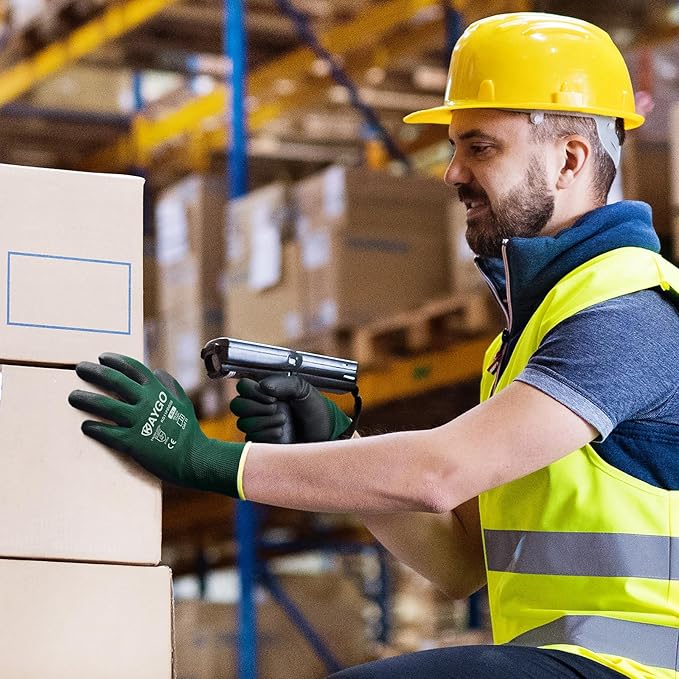 KAYGO Safety Work Gloves PU Coated,12 Pairs KG11PB Seamless Knit Glove for Men and Women, with Smooth Grip on Palm and Fingers, Ideal for General Duty Work (Small,Dark Green)