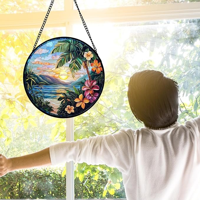DASTOLL Stained Glass Window Hanging, Colorful Landscape Suncatcher for Doors Home Sun Catchers Decoration and Christmas, Mother's Day Birthday Gifts for Women, Men, and Mom 9.8 in