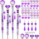 121 Pcs DIY Fairy Wand Beaded Garden Stakes Kit, Fairy Wands Garden Kit Purple Large Hole Bead with Pendants Crystal Stopper Top Threaded Rod Beaded Garden Stakes Supplies for Outdoor Decorative