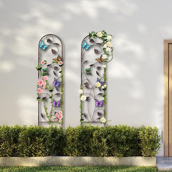 aboxoo Set of 2 Packs Butterfly Metal Garden Trellis for Climbing Plants,Outdoor Decorative Flowers Arch Fence Trellis for Outdoor Patio,Garden,Lawn,Yard,Backyard,Wall Brackets,60'' H x 11'' W