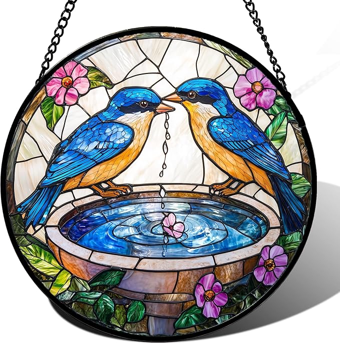 Stained Glass Window Hanging, 2 Blue Birds Suncatcher Diamond Glass Panel Hangings Bird Lover Sun Catchers Decor for Birthday for Women, Men, Wife, Aunt, and Mom 14.9 in