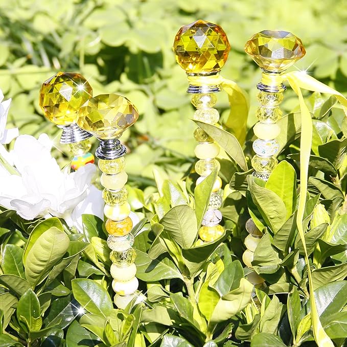 119 Pcs Garden Stake DIY Fairy Wand Plant Stake with Yellow Large Hole Beads Crystal Diamond Stopper Top 4 Stainless Steel Threaded Rod Beaded Garden Stakes for Outdoor Indoor Yard Patio Decorations