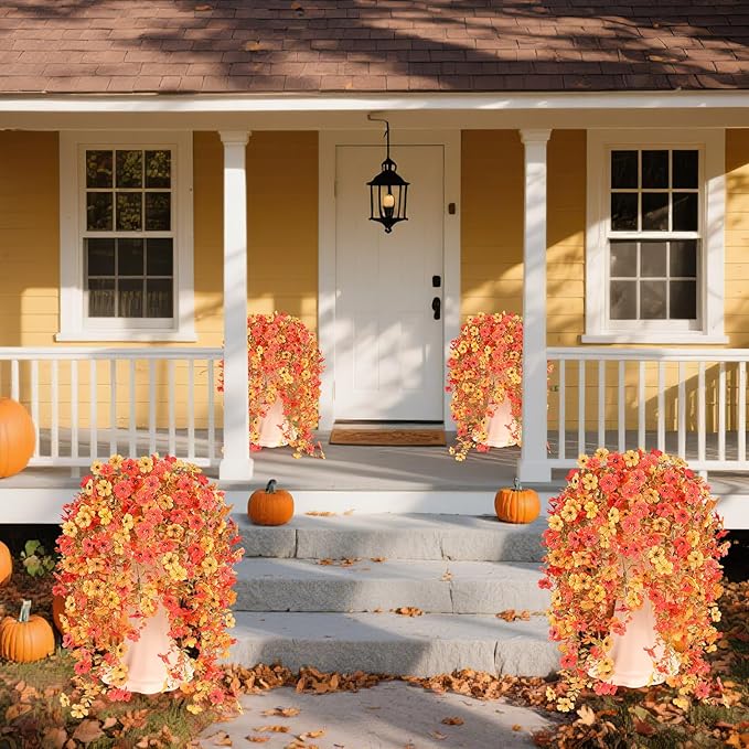 6 Bundles Artificial Fall Flowers for Outdoors Fake Plants Garden Home Fall Decor,UV Resistant Realistic Silk Faux Autumn Flower Indoor Outside Front Porch Patio Balcony Yard Farmhouse(Orange)