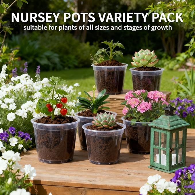 Plgardpo Clear Nursery Pots, 4/5/6 Inch Transparent Plastic Plant Pots with Drainage Holes, Variety Pack Seed Starting Pots, Flexible Clear Flower Pots for Indoor Outdoor Plants, 24 Packs