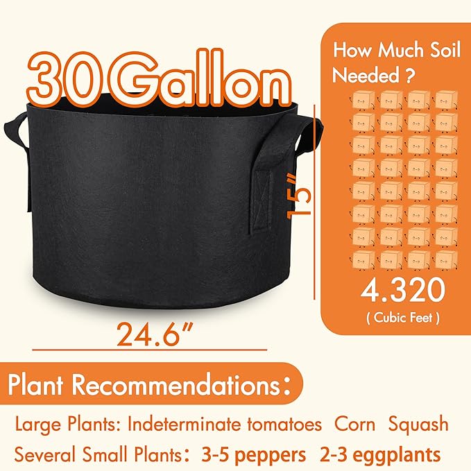 Gardzen 6-Pack 30 Gallon Grow Bags, Aeration Fabric Pots with Handles, Heavy Duty Cloth Pots for Plants
