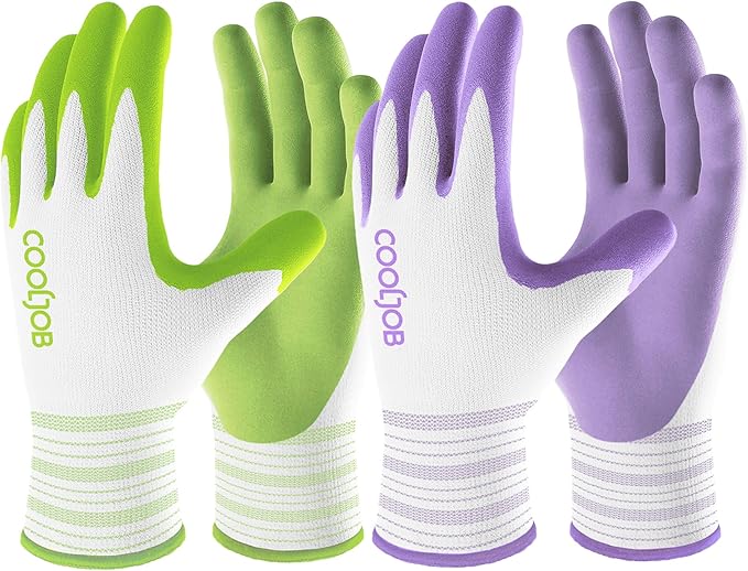 COOLJOB 6 Pairs Gardening Gloves for Women Ladies, Breathable Rubber Coated for Yard Garden, Outdoor Indoor Protective Work, Medium Size, Lavender Purple & Apple Green