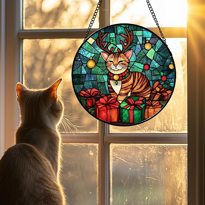 Stained Glass Window Hanging Cat with Elk Antlers 9.8" - Suncatcher Door Garden Sun Catcher Home Decor Birthday Christmas for Lost Pets Mom Men Woman Nana