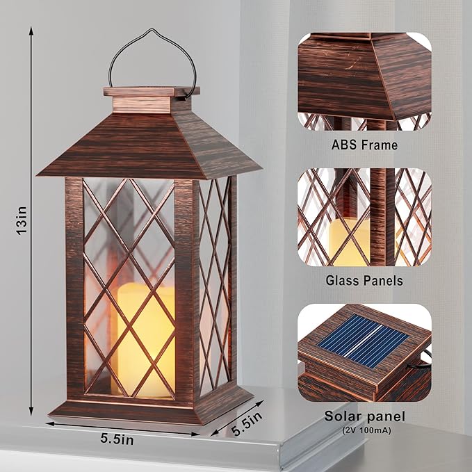 Solar Lanterns Outdoor, Waterproof Garden Hanging Lanterns,13" Outdoor Decorative Lantern with LED Flickering Flameless Candles, Vintage Lantern for Porch, Yard,Patio Decor